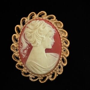 Elegant Gold and Red Cameo Brooch